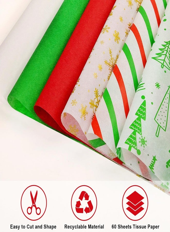 AORZIT Christmas Tissue Paper for Gift Bags 60 Sheet, AORZIT 14x20 Inch Christmas Gift Wrapping Paper Bulk White Red Green, Stripe, Snowflake Design for Present Boxes, Xmas Gift Bags Boxes - Image 5